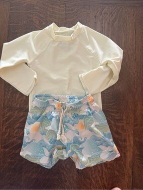Kids Pale Yellow Rash Guard and Ocean Print Swim Shorts Set 18 Months